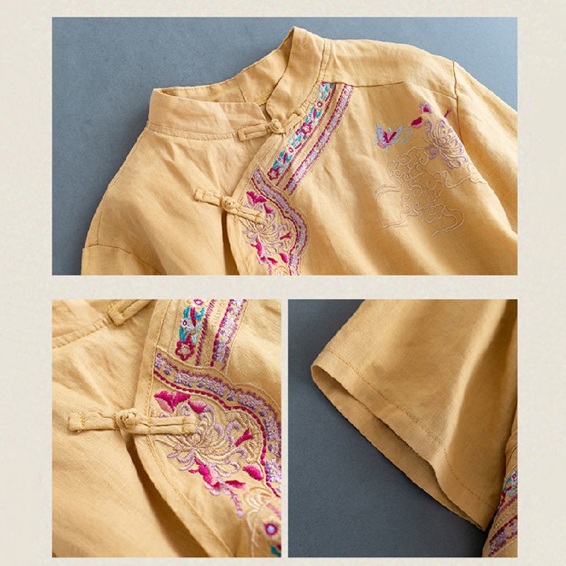 Áo Sơ Mi cotton Lanh Tay Lửng Cổ Đứng Thêu Họa Tiết Phong Cách Trung Hoa Cổ Điển Thời Trang Cho Nữ m-3xl 2022