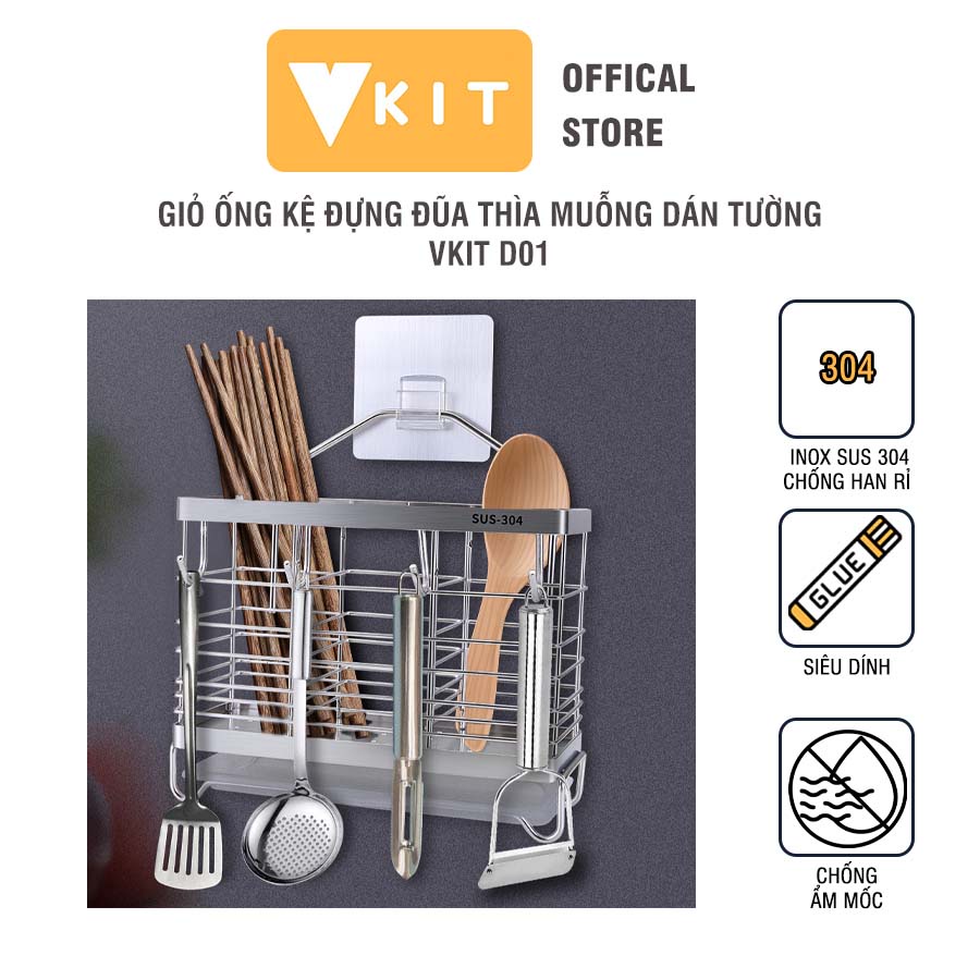 Giỏ Ống Kệ đựng đũa thìa muỗng inox dán tường có khay hứng nước - Tặng kèm miếng dán Vkit D01