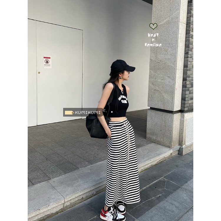(ORDER) Set chân váy kẻ sọc ngang đen trắng dáng dài bút chì + Áo thun ba lỗ cá tính style hè gợi cảm
