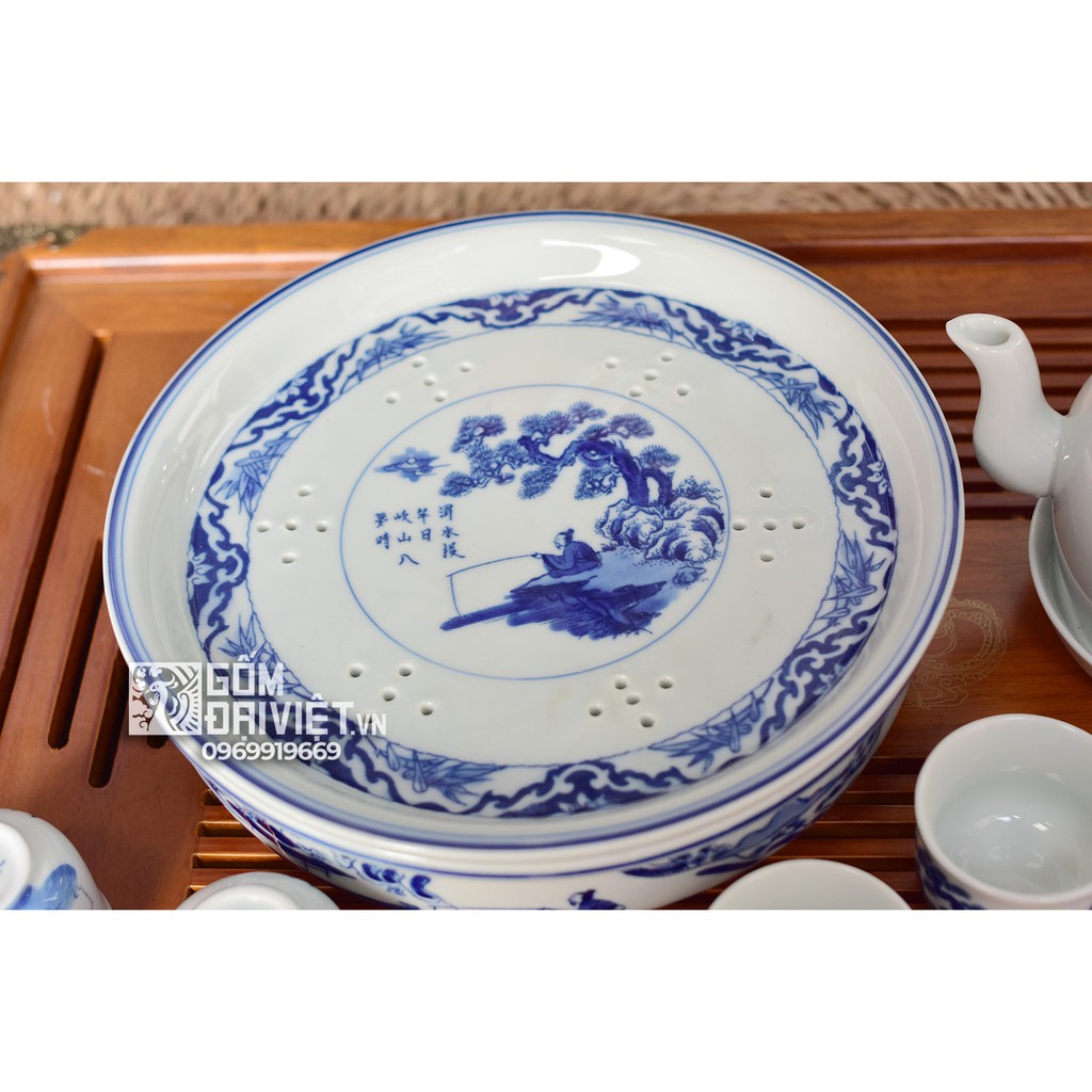 Bộ ấm chén men lam cổ Bát Tràng ông lão đánh cá khay tròn