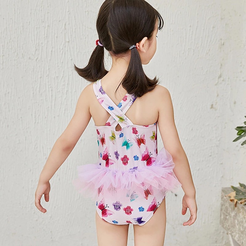 1-7T Kids Swimming Swimwear Girls Cute Tutu Swim Suit Print Butterfly Swimsuit Cap