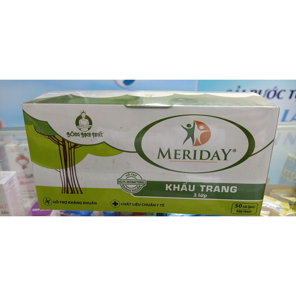 Khẩu trang y tế 3 lớp Meriday kháng khuẩn - sản phẩm chính hiệu của công ty Bông Bạch Tuyết