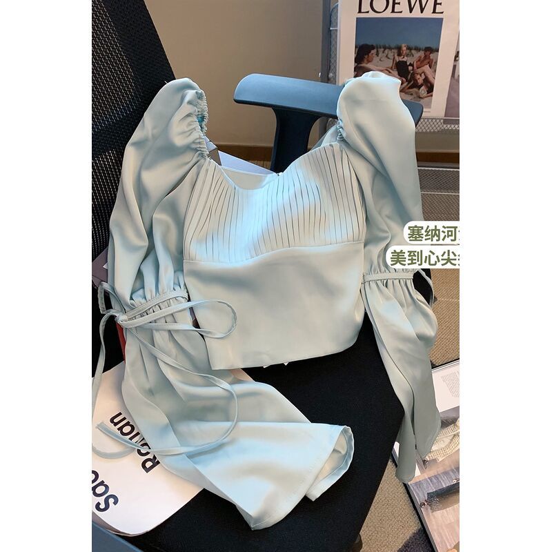Áo Sơ Mi Ngắn Tay Phồng Cổ Vuông Bằng Satin Phong Cách Pháp Thời Trang Mùa Xuân Hàng Mới Dành Cho Bạn Nữ 2022