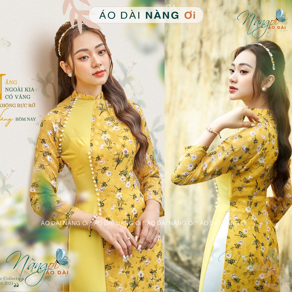 Áo Dài Hoa Nhí 4 Tà Vàng Đính Ngọc Truyền Thống  Lụa Tơ Hoa Da Hồng Đẹp