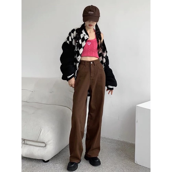 8604 | Quần Dài Kaki Nâu Unisex Dáng Rộng Cạp Cao Phom Tôn Đang Nam Nữ Phong Cách Hàn Quốc