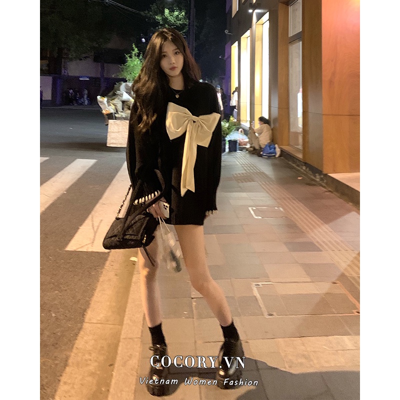 Cocory vn Áo sweater dệt kim cổ tròn tay dài dáng rộng đính nơ dễ phối đồ thời trang