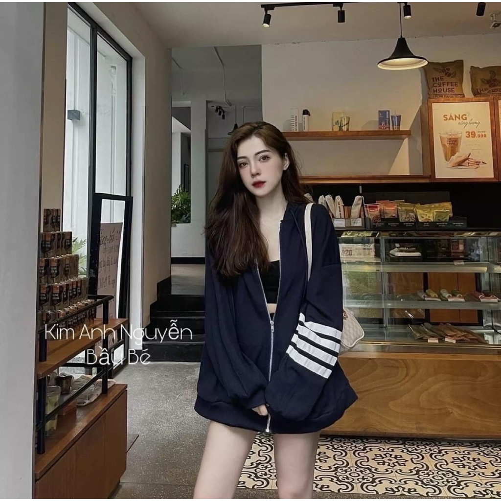 [Kèm Ảnh Thật] Áo Khoác Kéo Khoá Zip Tay Phối Sọc Chống Nắng - Chất Nỉ Mát Phong Cách Đường Phố