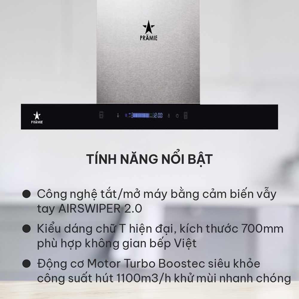 Máy hút mùi chữ T TT32-700 máy hút mùi bếp cảm ứng điều khiển không chạm, hẹn giờ tắt, chống ồn, hoạt động êm ái