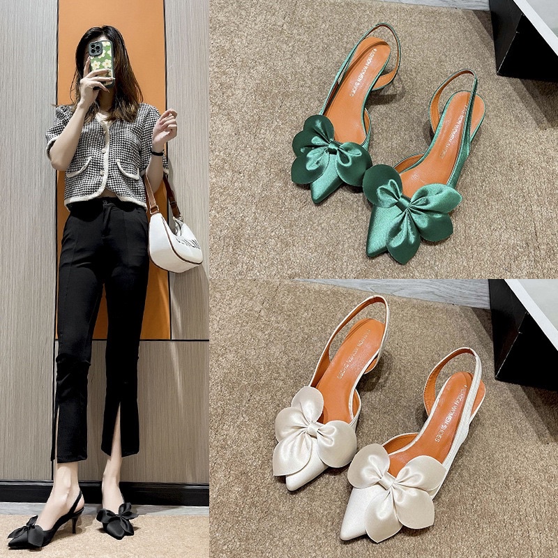 SALE— Sandal hở gót satin mũi nhọn nơ hoa BIG SIZE 41-43