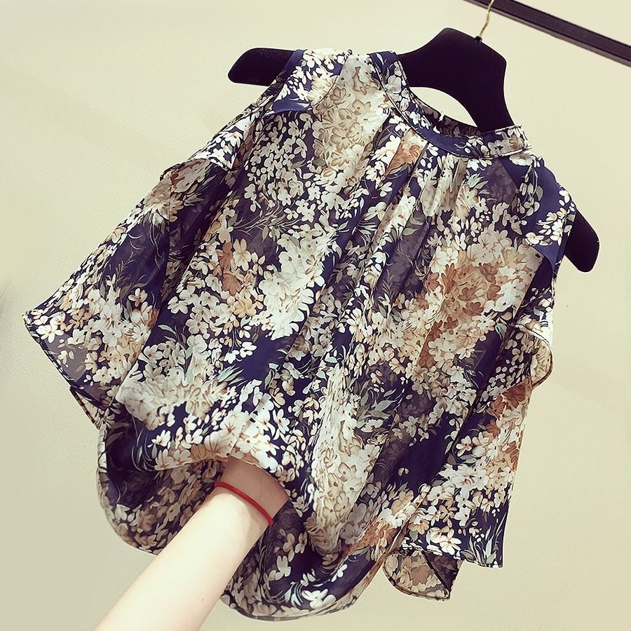 Áo voan in hình hoa hở vai tay lửng cá tính thời trang cho nữ M~4XL
