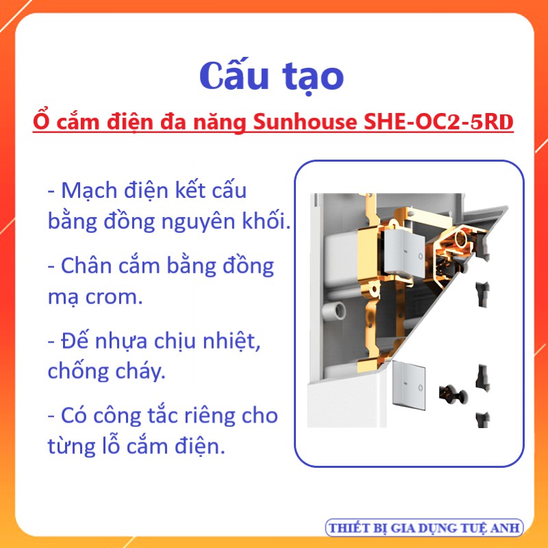 Ổ cắm điện đa năng Sunhouse SHE-OC2-5RD - Ổ cắm điện 5 lỗ - Dây dài 4,5m, có công tắc bật tắt riêng cho từng vị trí