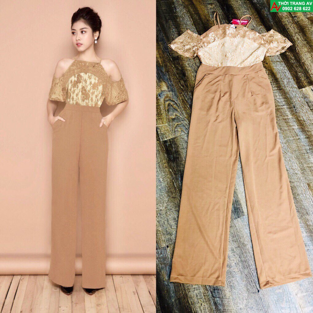 Jumpsuit - Đồ bay dài cổ yếm ống suông khoét vai phối ren đầy sang trọng - AV6197