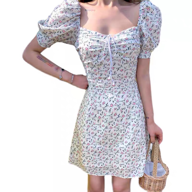 Đầm ngắn tay bằng voan họa tiết hoa phong cách retro Hàn Quốc thời trang dành cho nữ