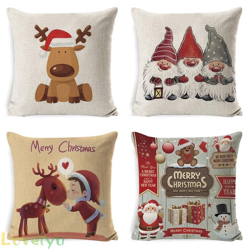 [ FAST SHIPPING ]For Sofa Linen Pillowcase Xmas Cotton Pillow Covers Christmas Deer Cushion Cover