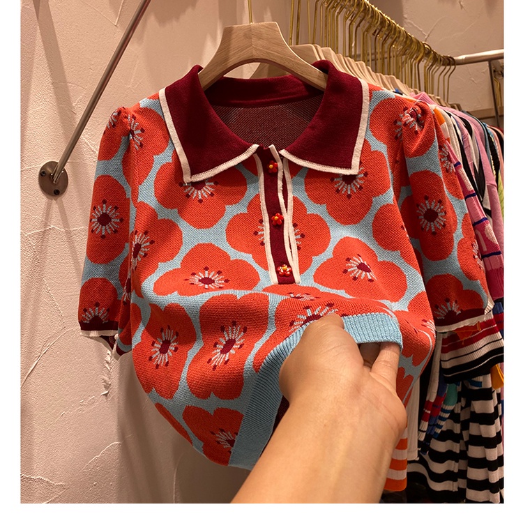 Áo kiểu dệt kim tay phồng cổ polo in họa tiết hoa màu sắc tương phản phong cách retro thời trang mùa hè xinh xắn | BigBuy360 - bigbuy360.vn