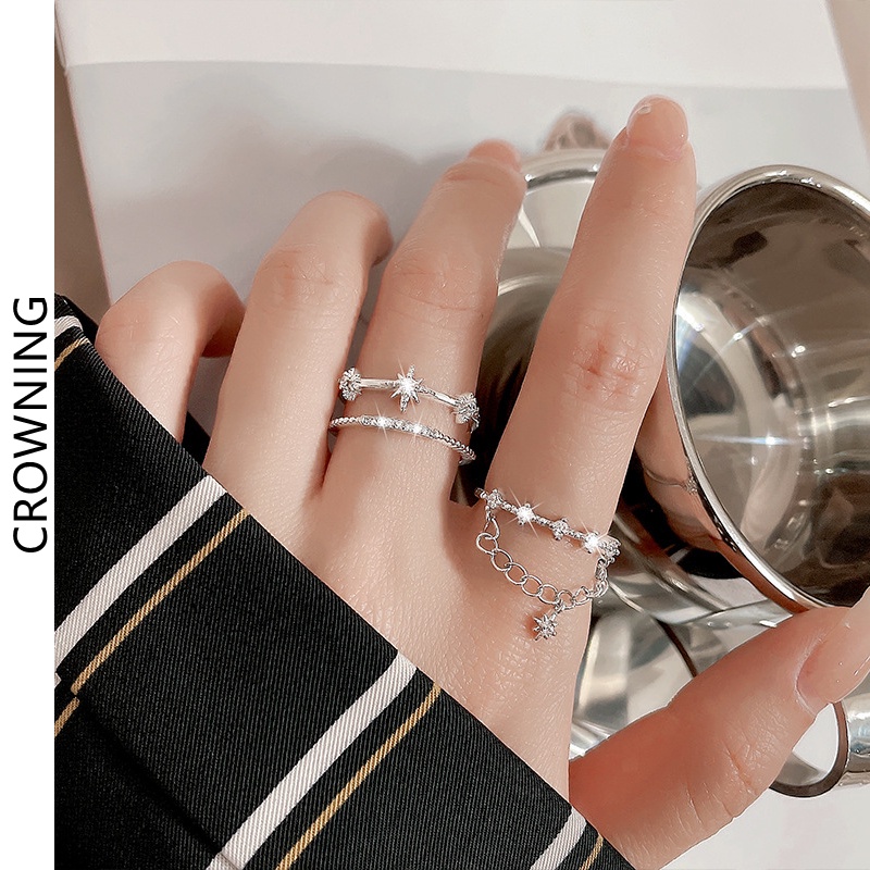 Nhẫn Hai Lớp Tua Rua Rỗng Đính Đá Zircon Hình Ngôi Sao Sáu Điểm Dành Cho Nữ F782