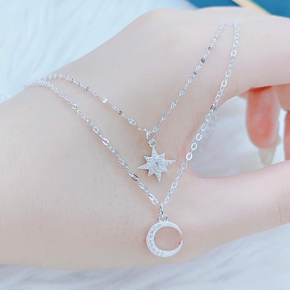 Dây chuyền bạc nữ Evasilver dạng sợi đôi mặt hình trăng và sao, Vòng cổ chuẩn bạc ta thiết kế tinh xảo