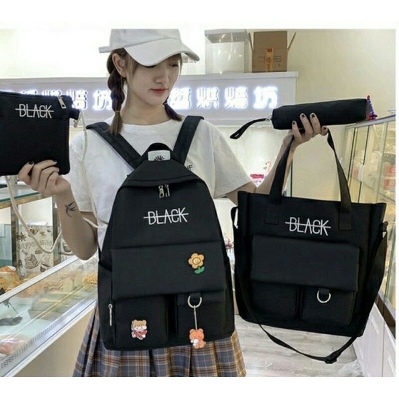 Set 4  món - Balo, Túi Tote, Ví, Bóp Viết hoạ tiết chữ BLACK