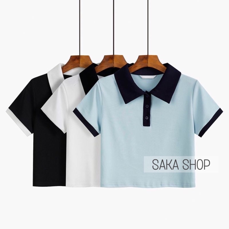 Áo thun nữ tay ngắn cổ sơ mi phối màu dễ thương