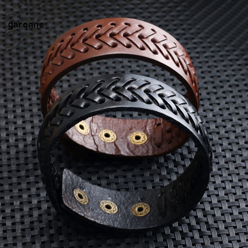 GAR Vintage Men Faux Leather Wide Braided Bracelet Cuff Button Wristband Bangle