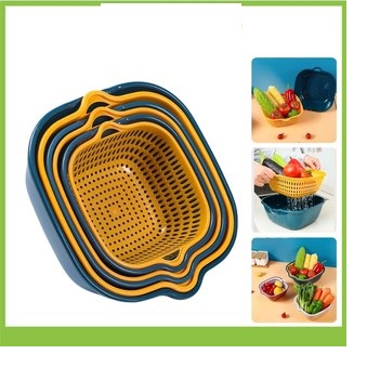 Set 6 món Rổ nhựa chữ nhật đựng đồ kèm chậu đựng đồ ráo nước, bộ rổ nhựa kèm chậu