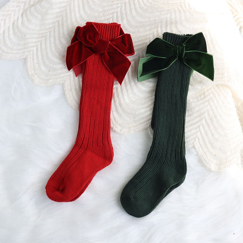 Vớ Cotton Nhung Thoáng Khí Đính Nơ Đỏ Giáng Sinh Cho Bé Gái