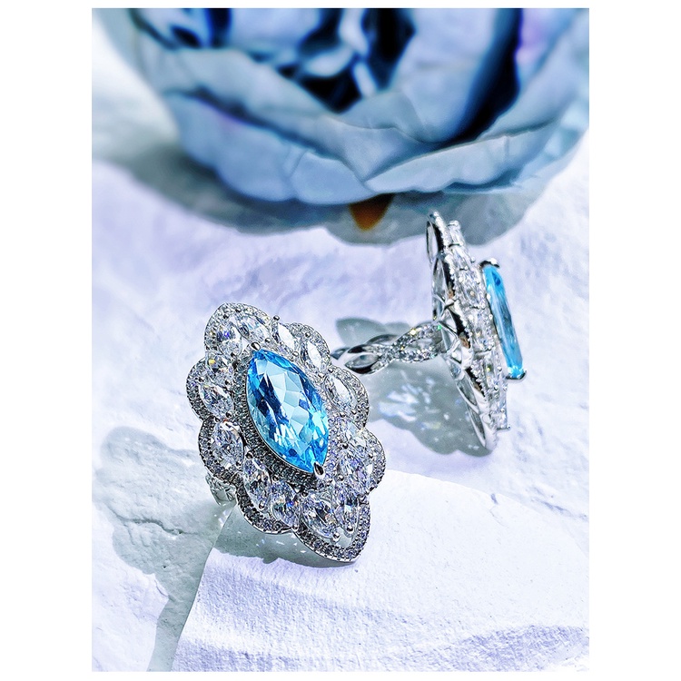 Dây chuyền Sapphire Topaz carbon kim cương cao màu xanh navy hình mắt ngựa cao cấp