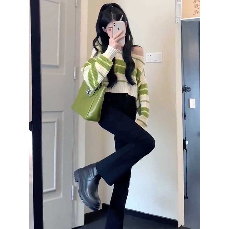 Áo Sweater Dệt Kim Dáng Rộng Kẻ Sọc Màu Sắc Tương Phản Thời Trang Thu Đông Cá Tính