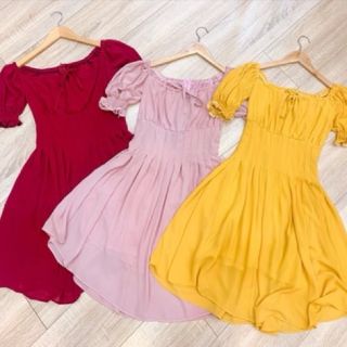 Đầm cổ U xếp li eo 3 màu