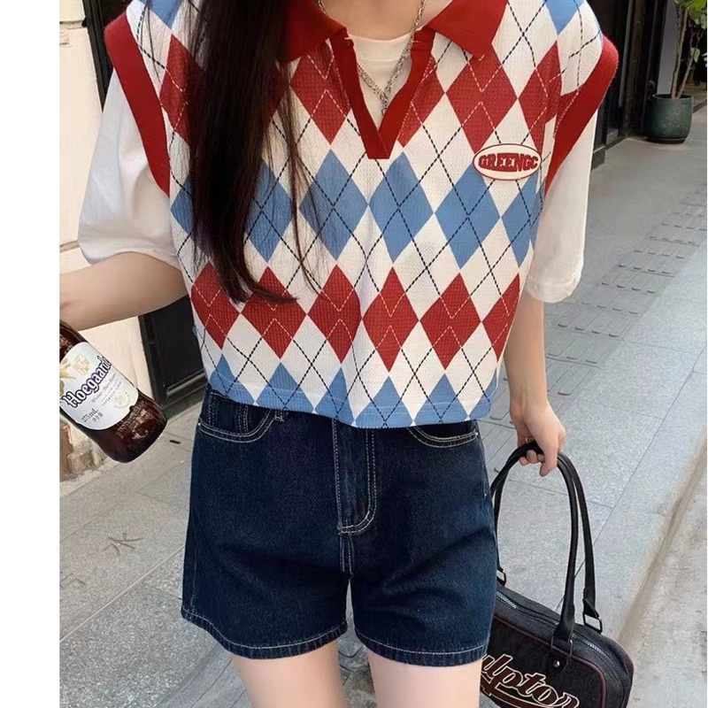 Áo len RENJIANVSHENG 175286 không tay cổ polo họa tiết kim cương phong cách Hàn Quốc thời trang cho nữ