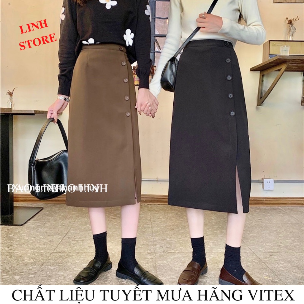 Chân Váy Dáng Dáng Dài LINH STORE Lưng Cao Công Sở Chữ A Phối 5 Cúc Xẻ Tà Chất Liệu Tuyết Mưa Vitex