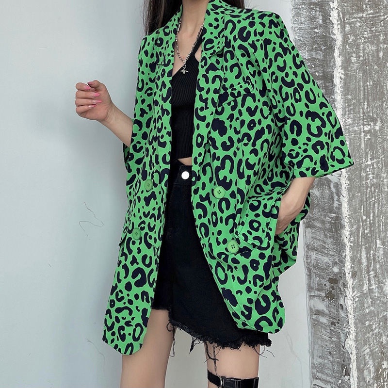 Áo Khoác Vest Ngắn Tay Dáng Rộng In Họa Tiết Da Báo Sành Điệu Cho Nữ