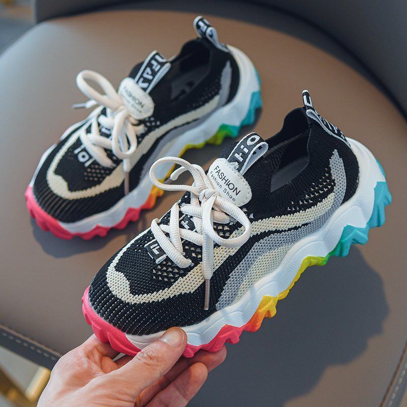 Giày Thể Thao Phối Lưới Màu Cầu Vồng Phong Cách Retro Thời Trang Cho Bé Gái Size 26-37