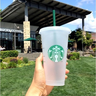 Ly uống nước họa tiết Starbucks bằng nhựa trong suốt 700ml có nắp đậy và ống hút chất lượng cao