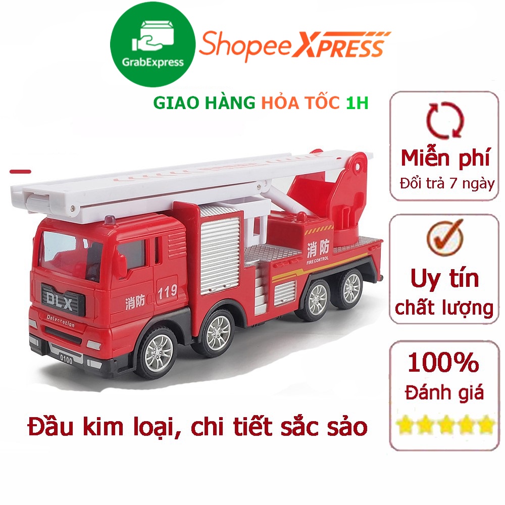 Đồ chơi mô hình xe cứu hỏa thang gập đầu xe bằng kim loại, chạy bánh đà chi tiết sắc sảo, các khớp chuyển động