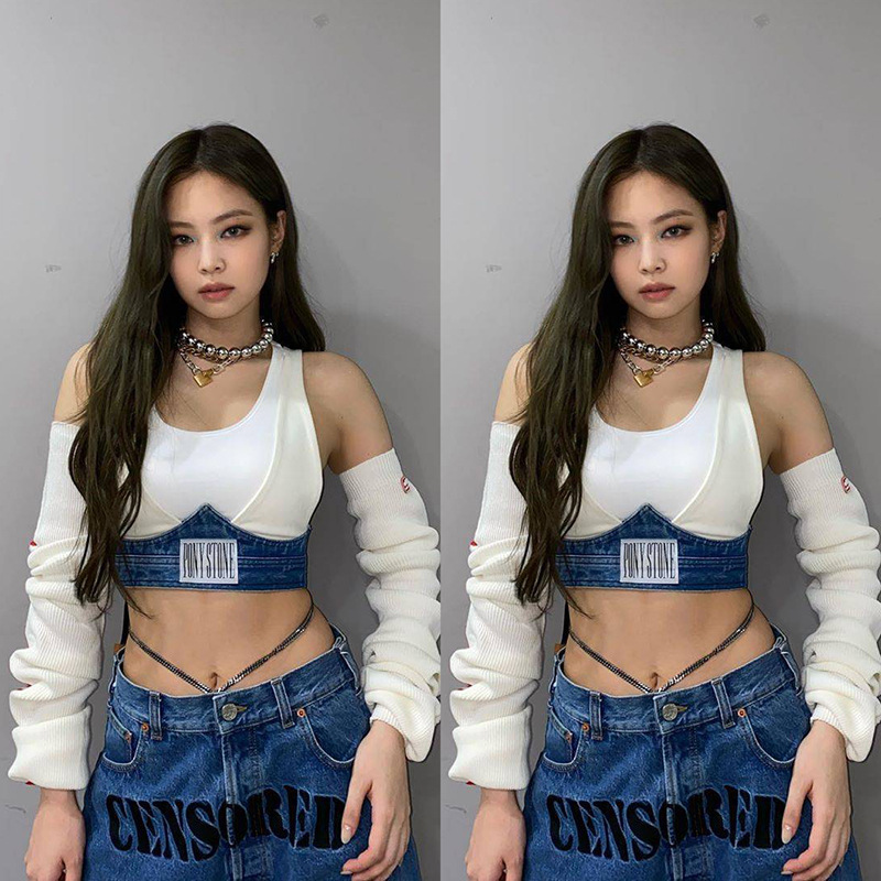 Bộ Trang Phục Gồm Áo Không Tay Ôm Dáng Ngắn Và Quần Jean Lưng Cao Thêu Chữ blackpink Thời Trang