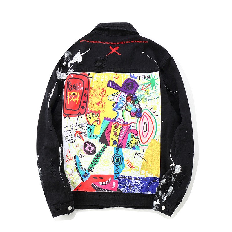 Men Street Hip Hop Paint Graffiti Black Ripped Denim Jacket For Men Spring Personality Long Sleeve Basic Jean Jacket