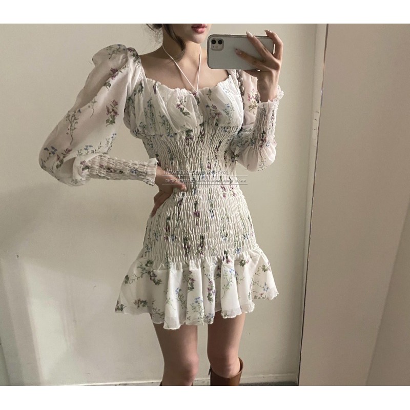 SẴN🖤Váy bánh bèo ulzzang tiểu thư trễ vai chân xoè đuôi cá Hoạ Tiết hoa nhí ôm body bo chun đi tiệc sang chảnh | BigBuy360 - bigbuy360.vn