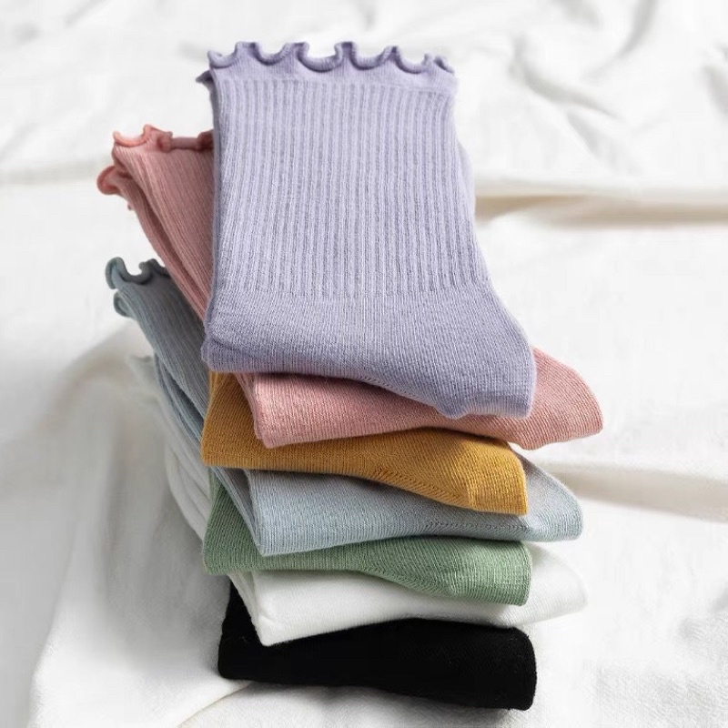Tất nhún cổ bèo nữ chất liệu cotton Hàn Quốc phong cách Vintage thoáng mát M003
