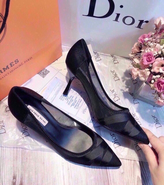 Cao gót thân lưới gót nhọn 5cm mũi quấn vải