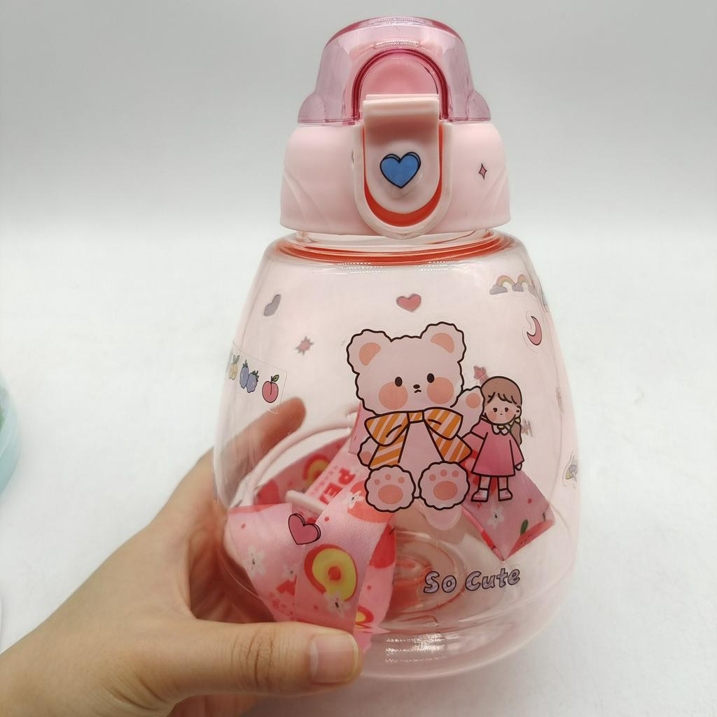 Bình Nước 1100ml Trong Suốt Có Dây Đeo Và Sticker Cute