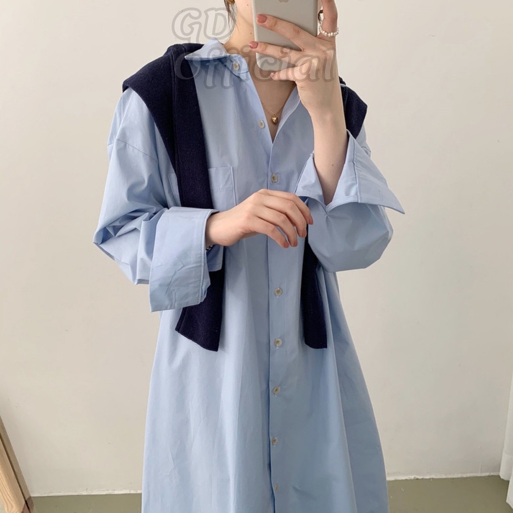 D16|Đầm sơ mi basic cho nữ, dáng dài cổ điển, cotton dày dặn, hút mồ hôi màu trắng, xanh gd_order