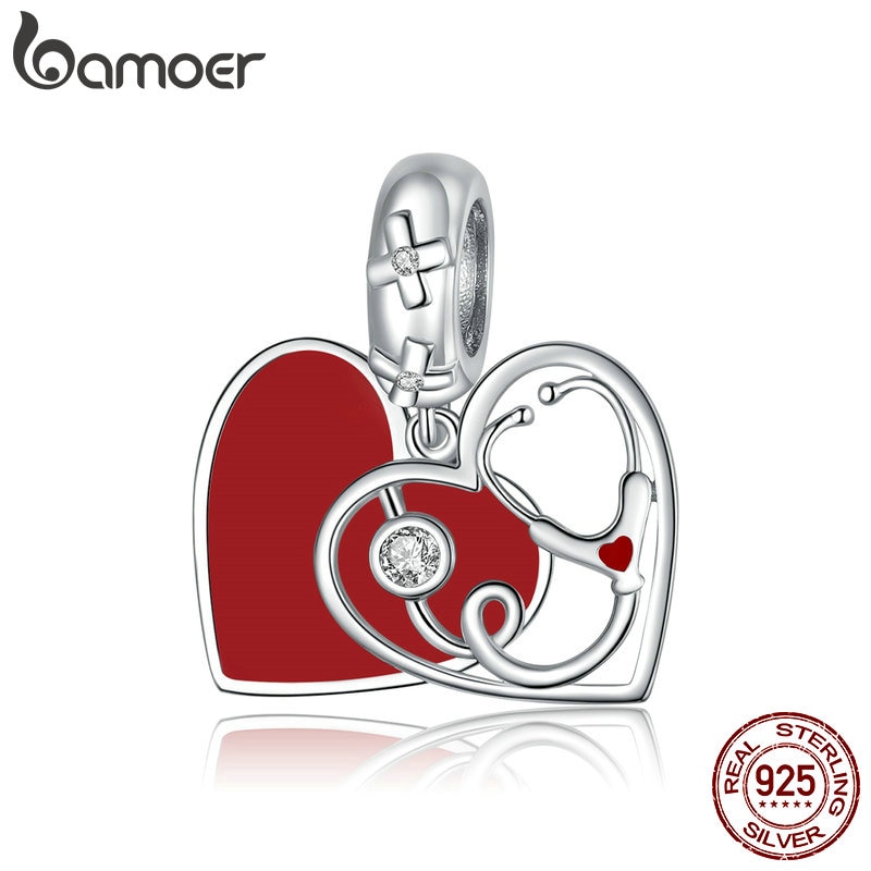 Hạt Charm Bamoer BSC308 Mặt Hình Ống Nghe Bác Sĩ Và Trái Tim Bằng Bạc Sterling 925 Thật Trang Trí Dây Chuyền Bạc