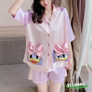 Bộ Đồ Ngủ Tay Lửng Vải Lụa satin In Hoạt Hình Vịt donald / daisy Phong Cách Hàn Quốc Cho Nữ