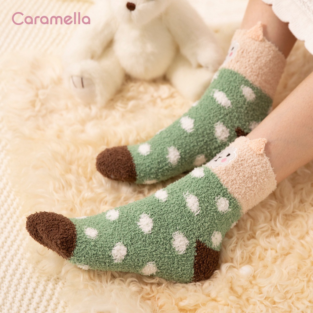 Tất nữ Caramella len lông cừu siêu mềm siêu ấm, Vớ nữ Caramella đại hàn dễ thương set 3 đôi