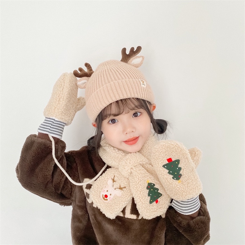 Set mũ len, găng tay kèm khăn quàng cổ cây thông noel ấm áp vừa đông cho bé