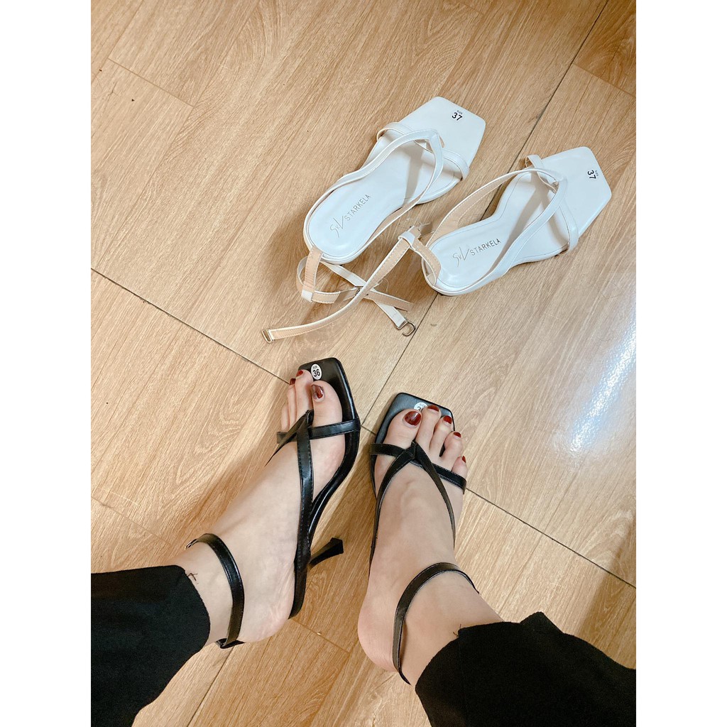 Sandal cao gót xỏ ngón Đen - Trắng da lỳ