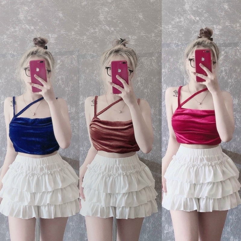 Áo 2 Dây Nhung Croptop Dây Chéo Ngực Nhún