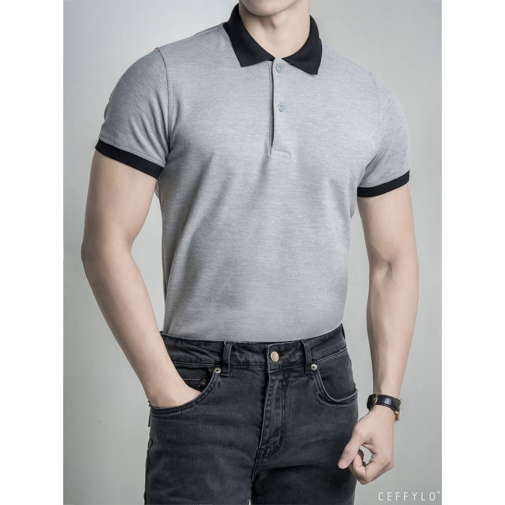Áo Polo Xám Nhạt Phối Bo Trơn vải Cotton mềm mịn CEFFYLO