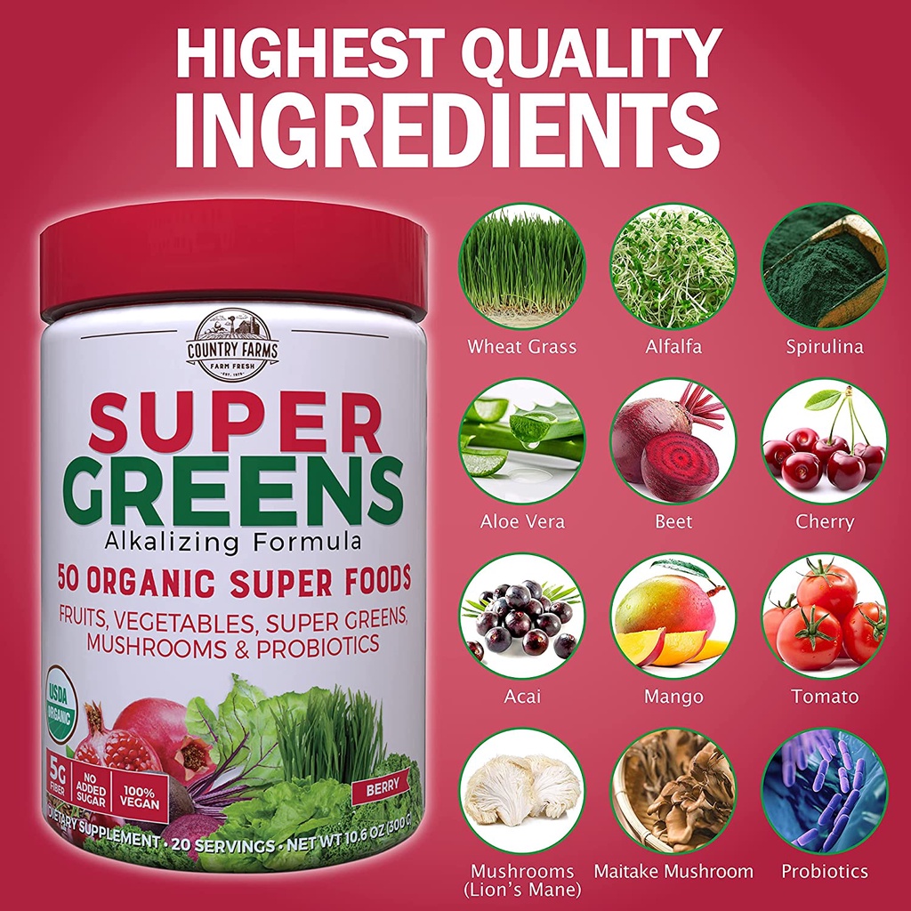Bột rau củ hữu cơ rau xanh Country Farms Super Greens 50 Organic Super Foods 300g